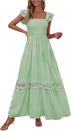 Generic Scoop Neck for Ladies Fall Summer Sleeveless Lace Sleeve Maxi Long Midi Beach Thin Sexy Boho Hawaiian Ruched Tropical Elastic Waist Basic Dresses Wome