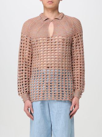 Valentino Mens Openknit Crochet Longsleeve Sweater - Tan Textile - Size Medium