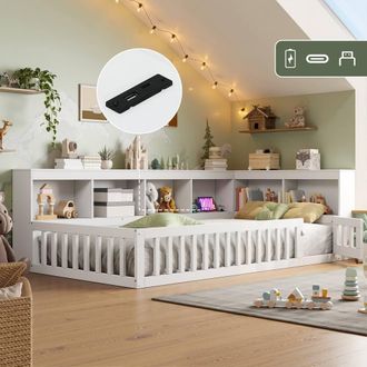 Matteo Single Floor Bed Frame - Bookcase, Storage, USB, Guardrails - White