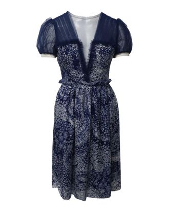 Rodarte Puff Sleeve Knee Length Printed Dress in Blue Silk