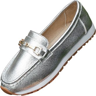 Generic Womens Flat Loafers Slip On Casual Ladies Loafers Stylish Solid Color Classic Breathable Comfortable Wide Fit Walking Shoes Daily Silver
