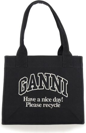Ganni Black Shopper With Embroidered Logo On The Front In Denim