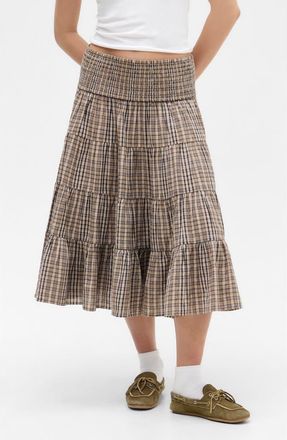 BDG Becks Smocked Tiered Cotton Midi Skirt in Brown Check at Nordstrom, Size X-Small