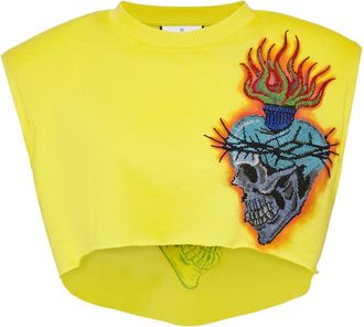 Philipp Plein Shoulder Pads Cropped Top Love Tattoo - Dames - Tops zonder mouwen - Geel - XS - Katoen - Tops