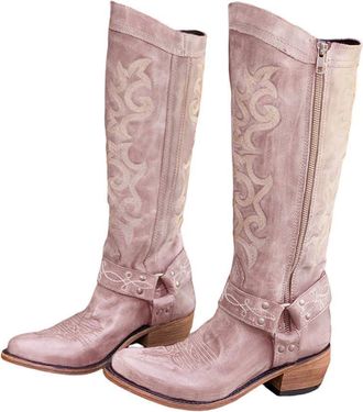 Generic Cowboy Boots for Women Extra Wide Embroidered Mid Calf Cowgirl Boot Wide Calf Low Heel Western Booties Leather Knee High Booties Comfortable Chunky Bl