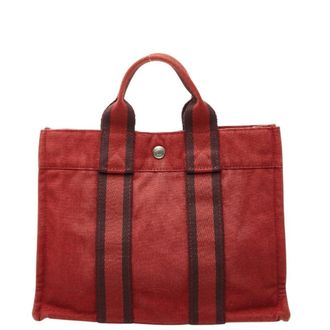 Herm&egrave;s Red Color Canvas Handbag Tote Bag (Pre-Owned)