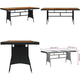 vidaXL Tavolo Giardino Nero 160x70x72cm Polyrattan e Massello dAcacia - Tavolo da pranzo allaperto - Tavolo in rattan