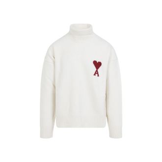 Ami High-Neck Sweater With Ribbed Details And Embroidered Accent