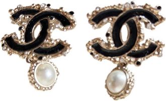 Chanel Black Double CC Earrings with Faux Pearl Detail