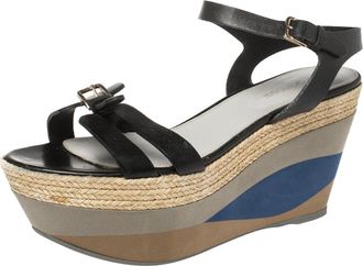 Sergio Rossi Black Leather Wedge Espadrille Ankle Strap Sandals