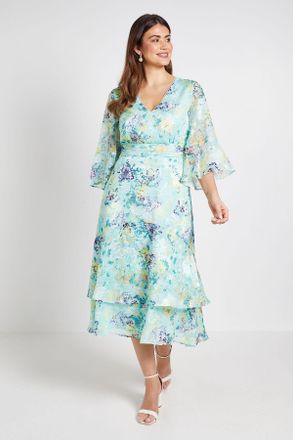 Wallis Womens Floral Burn Out Flared Sleeve Midi Dress - Green - Size 12 UK