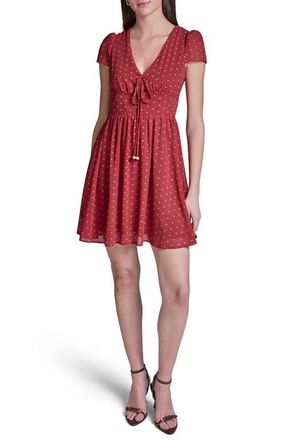 BCBGeneration Polka Dot Short Sleeve Woven Dress in Toscana Clay.bellini Blush at Nordstrom, Size 14