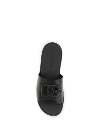 Dolce & Gabbana Mens Sandals Embossed Logo Black Calf Leather