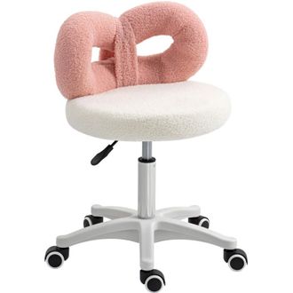 HOMCOM Homcom - Taburete Giratorio Con Respaldo Taburete Con Ruedas Altura Regulable 63-77 Cm Tapizado En Tejido De Borreguito Blanco Y Rosa