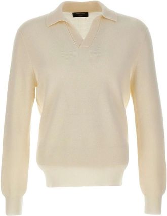 Gran Sasso Merinowol Poloshirt - Heren - V-hals truien - Wit - 2XL - Wol - Truien & Vesten