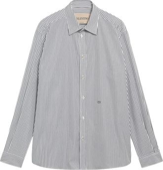 Valentino Garavani Cotton Poplin Shirt met Gestreept VLogo Borduurwerk - Heren - Casual Overhemden - Blauw - 2XL - Katoen - Overhemden