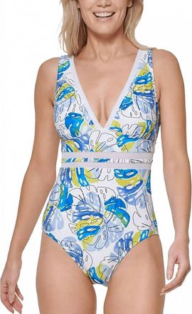Tommy Hilfiger Printed Mesh Inset Plunge One-Piece Swimsuit In White