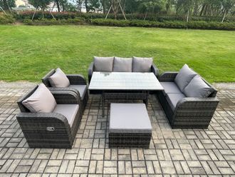Fimous Dark Grey PE Wicker Rattan Garden Furniture Set Reclining Chair Love Sofa 2 Seater Sofa Set Outdoor Rectangular Dining Table Big Stools