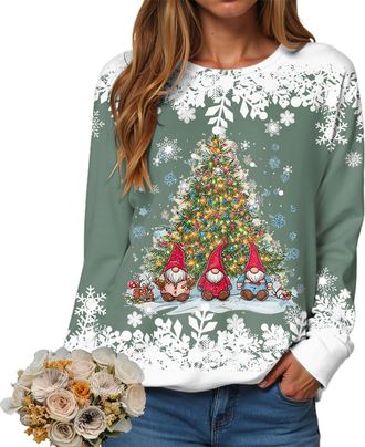 Generic Christmas Sweatshirts for Women 2025 Fashion Long Sleeve Crewneck Tops Xmas Santa Tree Wine Snowflake Graphic Print Blouse Plus Size Loose Fit Shirts