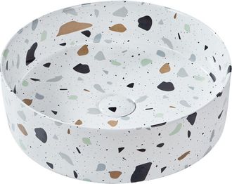 Beliani Lavabo De Encimera Ba&ntilde;o Cer&aacute;mica Efecto Terrazo Redondo Blanco 40 Cm Nules