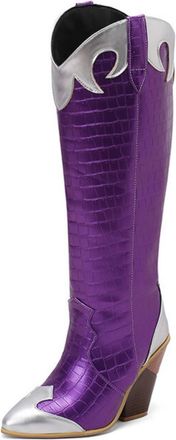 Generic Womens Pull on Knee High Boots Pointed Toe PU Leather Western Cowboy Boot Chunky High Heel Long Boots,Purple,4.5 UK