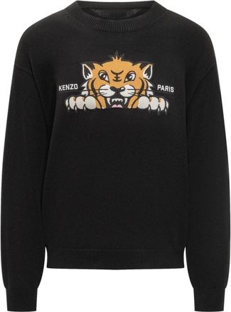 Kenzo Happy Tiger Geborduurde Jumper - Heren - Ronde hals truien - Zwart - L - Katoen - Truien & Vesten