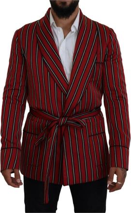 Dolce & Gabbana Rode gestreepte lange badjas met ceintuur - Heren - Blazers - Rood - M - Polyester - Jassen