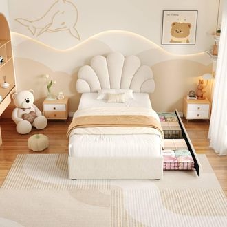 Merax Velvet Petal Shape 3ft Single Bed with Adjustable Headboard & Drawers in Beige