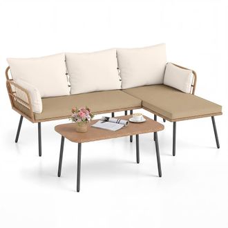 Costway Costway 3PCS Patio Sectional Sofa w/Coffee Table Rattan Conversation Set in Brown