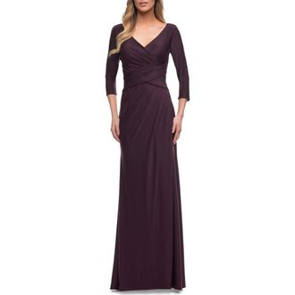 La Femme Ultra Soft Jersey Long Dress with Three-Quarter Sleeves in Dark Garnet at Nordstrom, Size 14