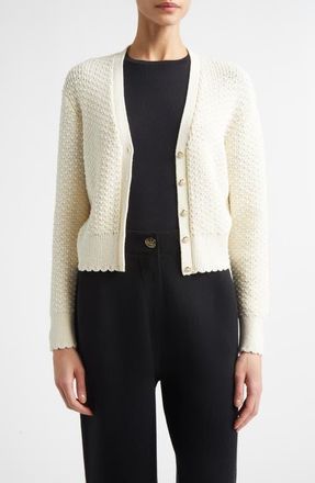 St. John Perl&eacute; Crepe Wool Blend Cardigan in Ecru at Nordstrom, Size X-Large