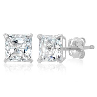 MAX + STONE 14k Yellow or White Gold Princess Cut Cubic Zirconia Stud Earrings 4MM to 7MM