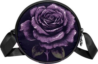 Generic Circle Crossbody Bag for Women, Purple and Black Rose Small Sling Bag Daypack with Zipper Adjustable Shoulder Straps Casual Ladies Girls Round Purse