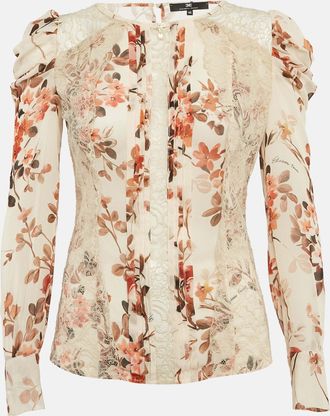 Elisabetta Franchi Beige Floral Print Lace Trim Crepe Blouse