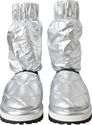 Dolce & Gabbana Metallic Silver Quilted Logo Patch Boot Womens Shoes
