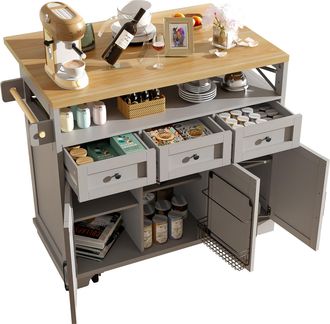 STILVORA Carrito De Cocina Con 3 Cajones, Encimera Abatible, Separadores Extraibles, Toallero Y Ruedas, Mdf Y Metal, Gris, 118 X 43-80 X 98 Cm
