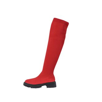 Generic Red Women Fashionable Winter Mesh Elastic Boots Featuring Round Toe and Chunky Low Heel for Over The Knee