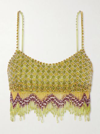 Bode Crop Top In Raso Con Perline E Frange Bottleglass - Verde