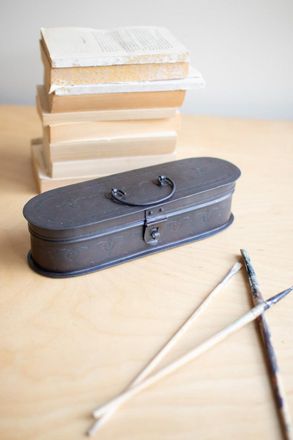 Kalalou Hand-Etched Oval Iron Box With Hinged Lid