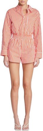 English Factory Stripe Long Sleeve Cotton Romper in Orange at Nordstrom, Size X-Small