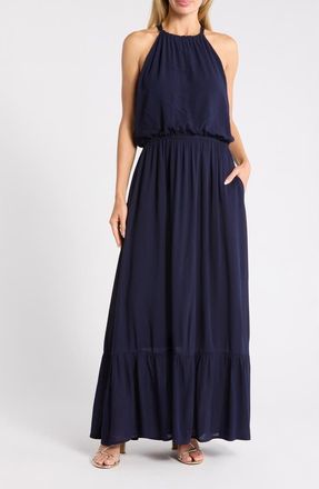 West K Halter Neck Gauze Maxi Dress in Navy at Nordstrom Rack, Size X-Large