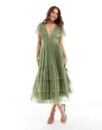 Lace & Beads Bridesmaid Madison v-neck tulle midi dress in soft olive-Green