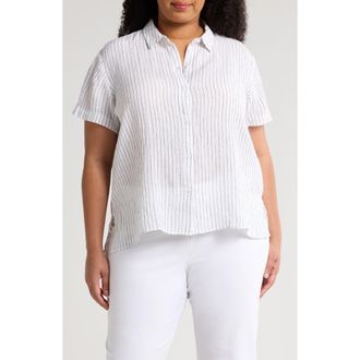 Eileen Fisher Stripe Organic Linen Button-Up Shirt in White/Black at Nordstrom Rack, Size 1X