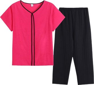 Generic Brushed Cotton Pyjamas Womens Pyjamas For Women Women Summer Middle Embroidered Short Sleeve T Shirt Set Leisure Suits S Leisure Suits For Uk Hot Pink