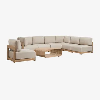 Sklum Conjunto De Jard&iacute;n Con Sof&aacute; Modular Rinconera De 6 Piezas, Sill&oacute;n Y Mesa De Centro En Madera De Acacia Brivori Sklum
