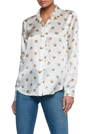 L'agence Tyler Heart Print Silk Button-Up Shirt in Vintage White Gold Heart Stud at Nordstrom, Size Xx-Small