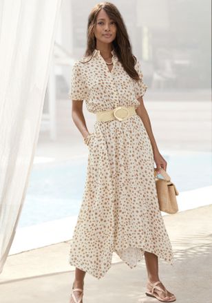 Lascana Midikleid LASCANA, Damen, Gr. 34, N-Gr, beige (creme, taupe bedruckt), Web, Obermaterial: 100% Viskose, bedruckt, figurumspielend ca. Mitte Wade, Klei