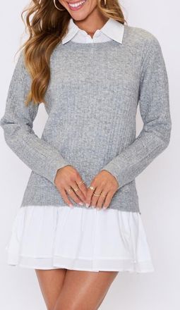 VICI Collection Modern Prep Layered Mixed Media Long Sleeve Minidress in Heather Grey White at Nordstrom, Size X-Large