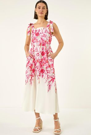 Roman Floral Print Strap Tie Midi Dress