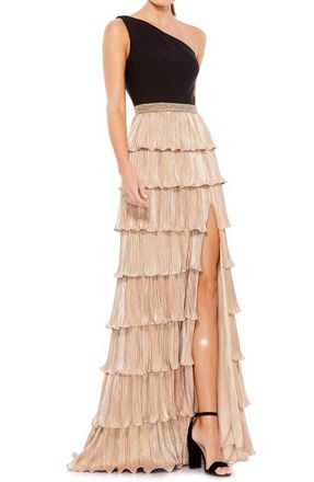 Mac Duggal Womens Metallic One Shoulder Ruffle Tiered A Line Gown in Black Gold at Nordstrom, Size 12
